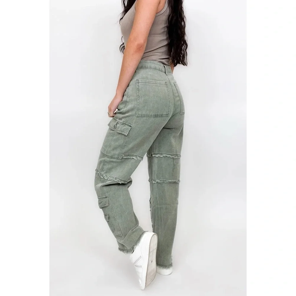 POL Army Green Frayed Edge Utility Jeans Relaxed Fit - Picture 11 of 14